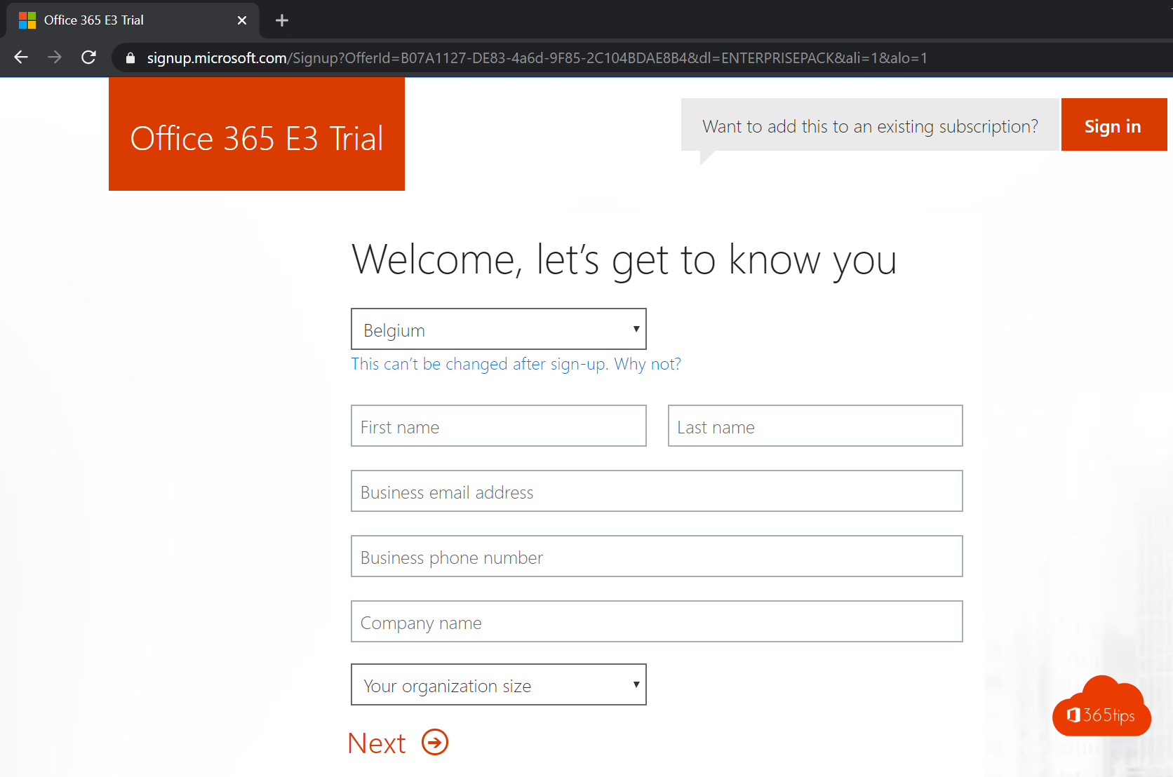 Office 365 tenant erstellen.