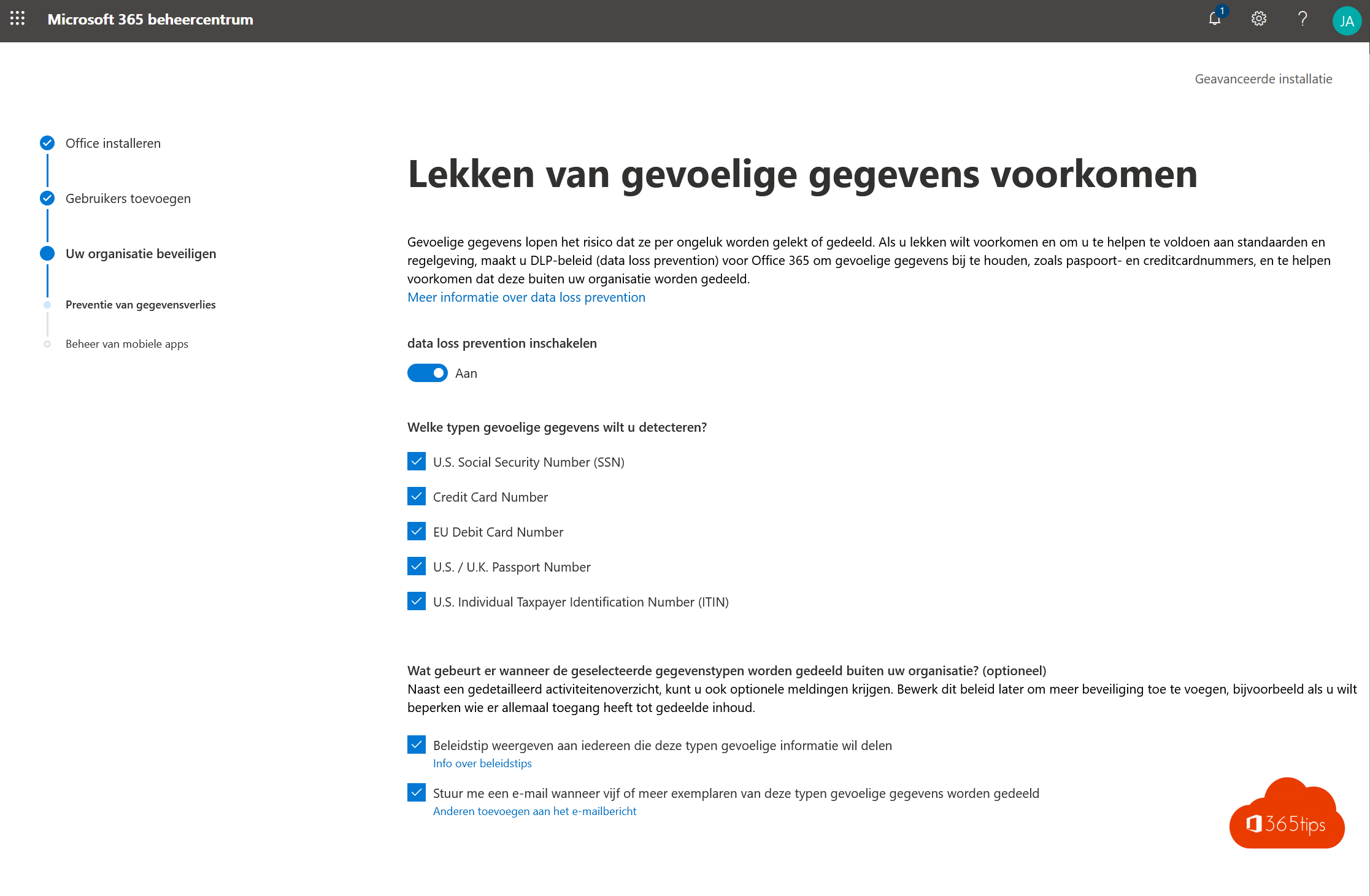 Lekken van gevoelige gegevens voorkomen in Office 365