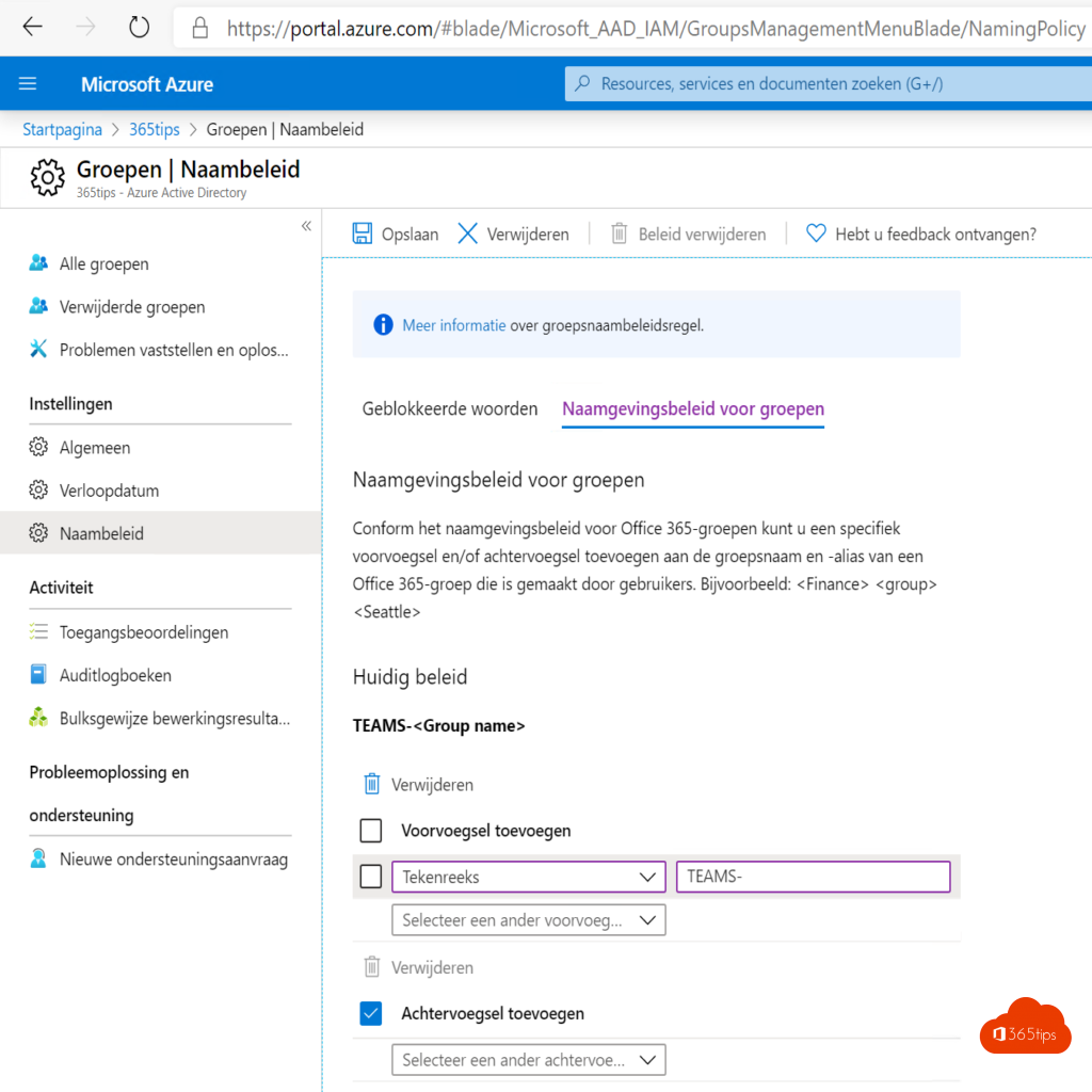 Microsoft Teams governance Azure Naamgevingsbeleid instellen