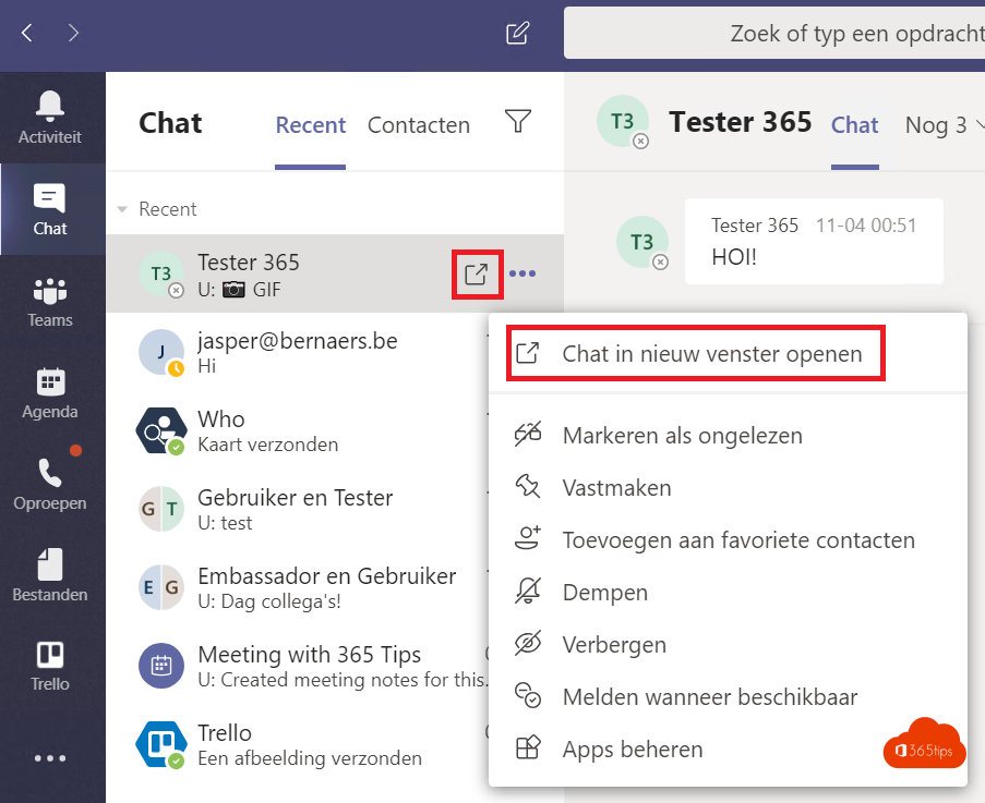 How to send a chat through a separate window in Microsoft Teams?