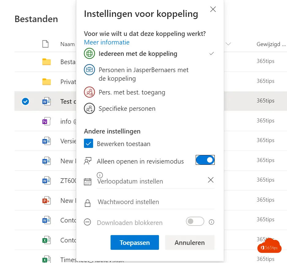 Hoe kan je een OneDrive document delen in revisiemodus?