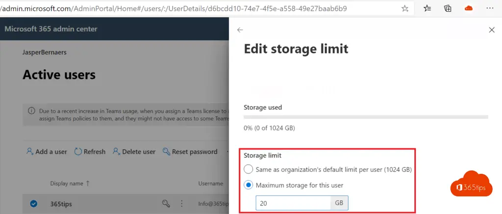 ?? How to change storage space for one OneDrive For Business user?