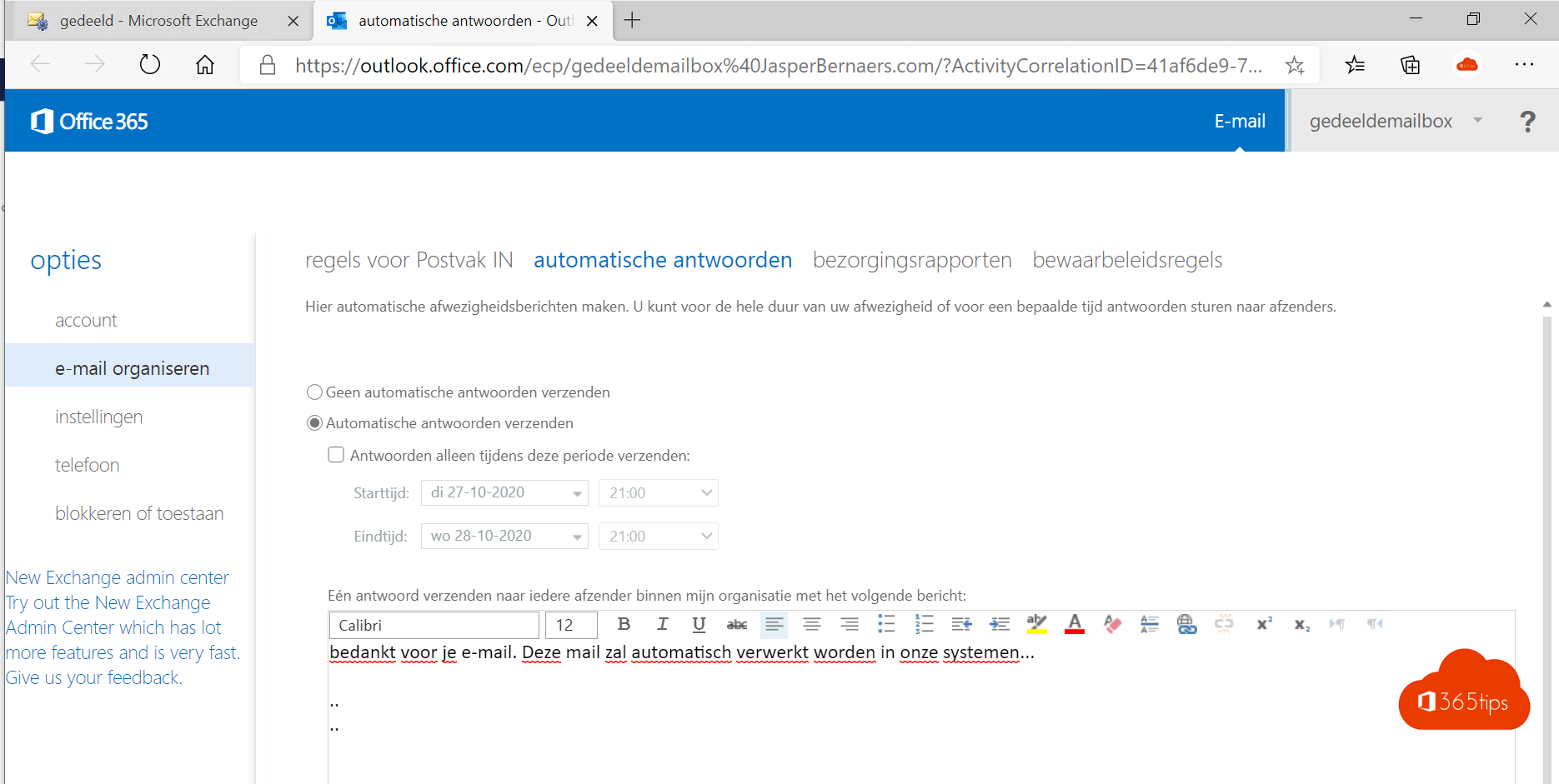 ¿Cómo configurar un buzón de fuera de la oficina en un buzón compartido de Office 365 ?