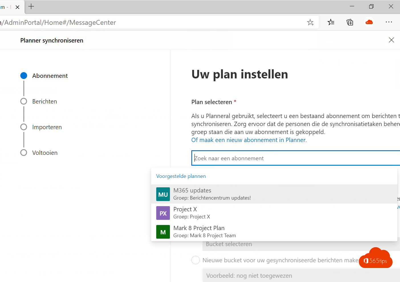 Synchronizing message center with Microsoft Planner