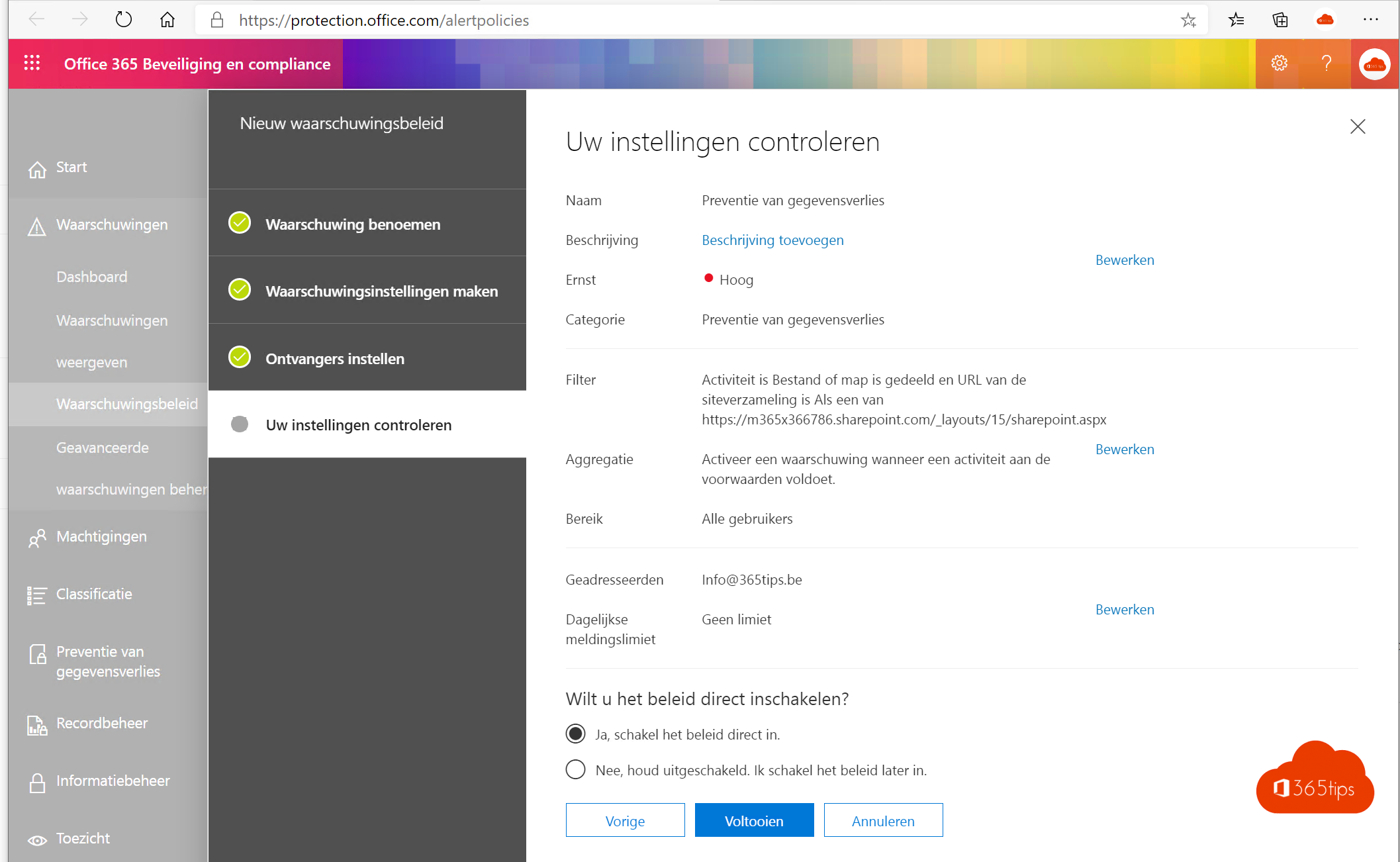 Office 365 waarschuwingsbeleid instellen