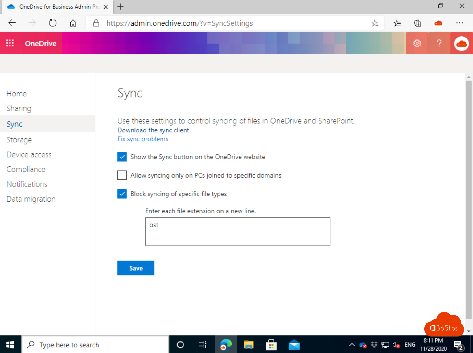 Block synchronization of specific file types (OST files)