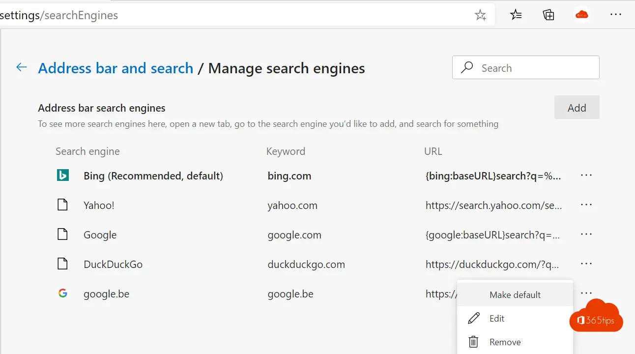 Google as default search machine in Microsoft Edge