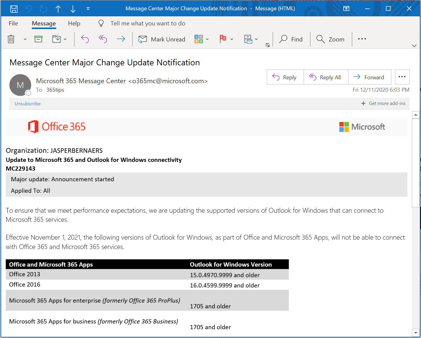 Actualización de conectividad de Outlook para Office 2013 y 2016 - EXO  MC229143