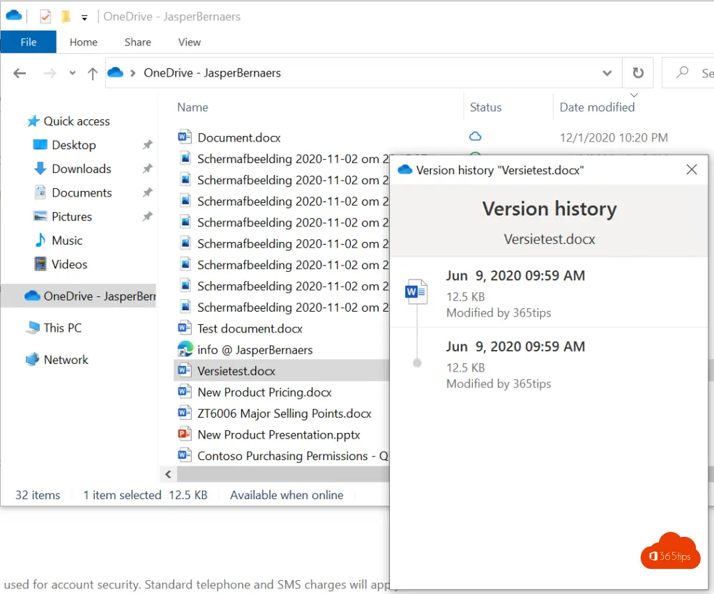 Historique des versions Office 365 OneDrive