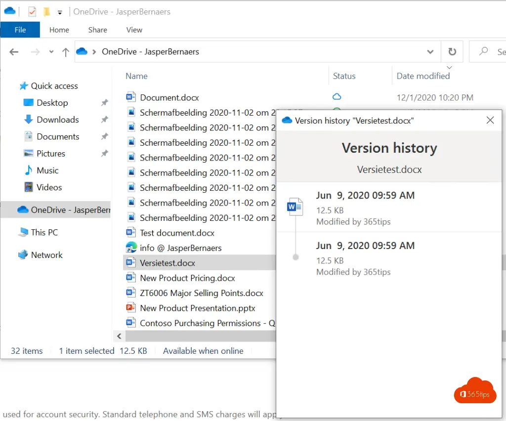 Version history Office 365 OneDrive