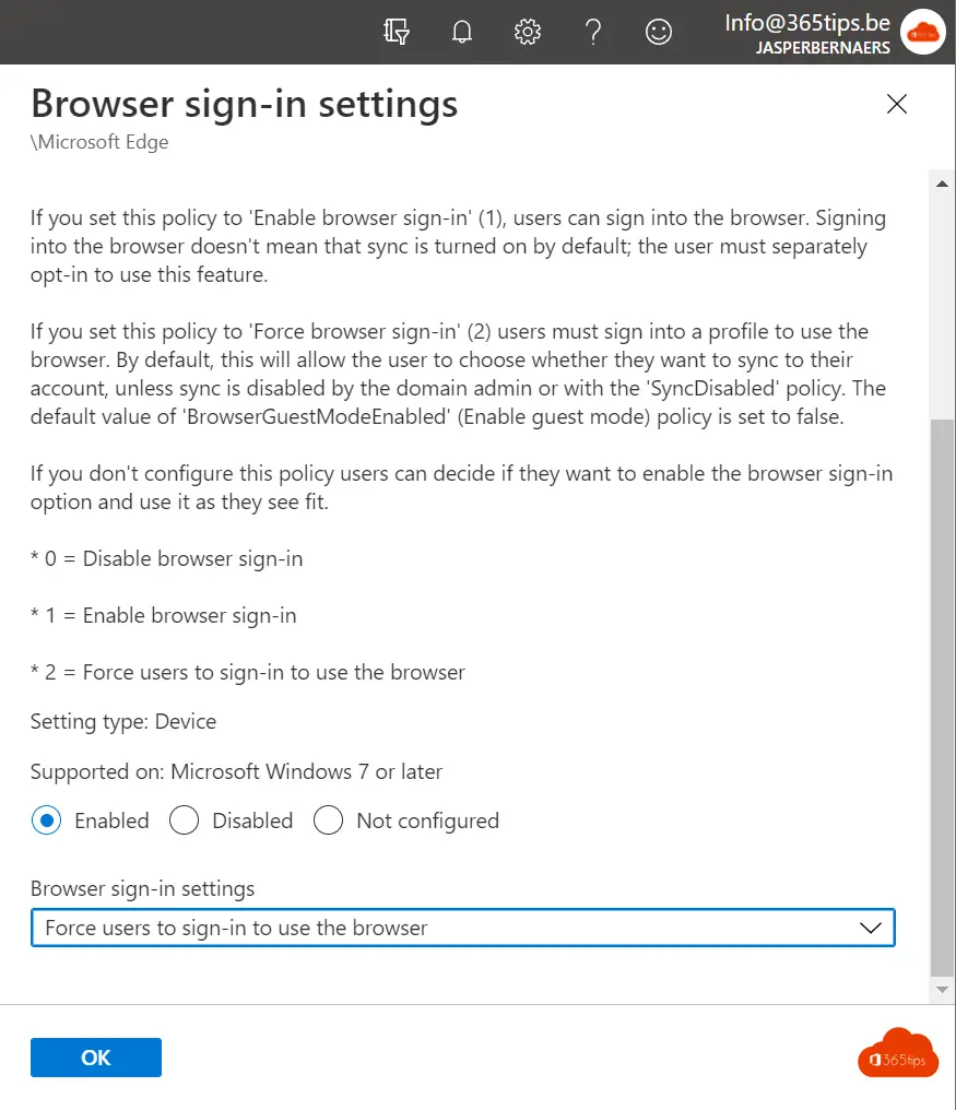 Configure automatic login + sync in Edge with intune