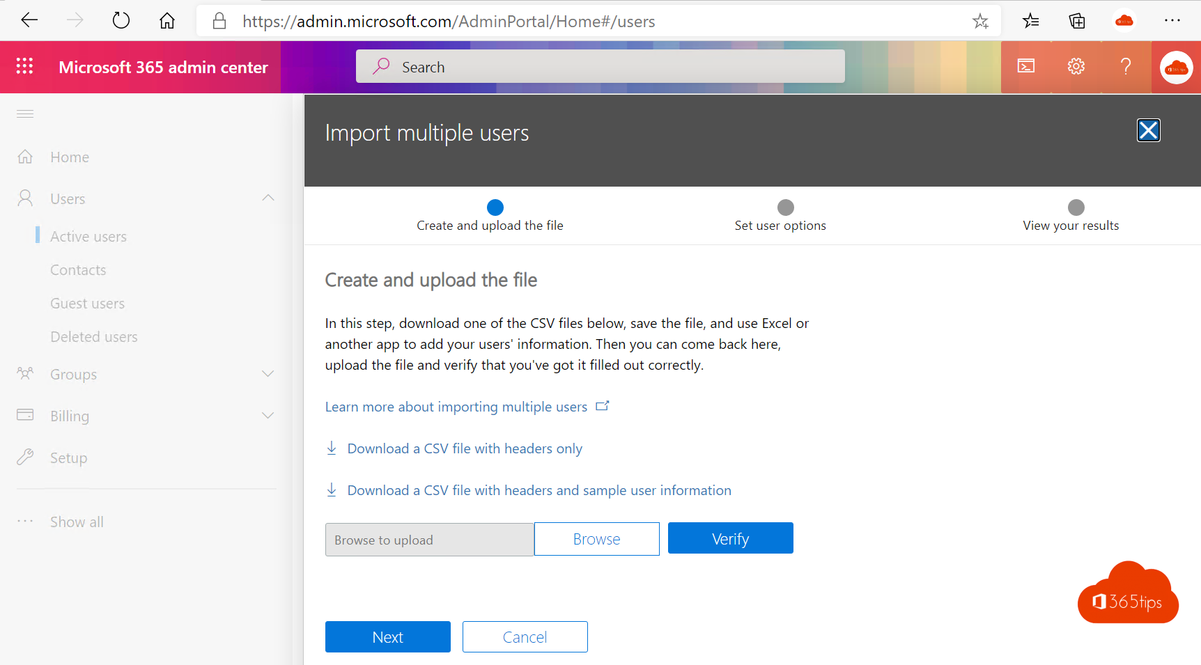 Importing users via CSV in Microsoft 365