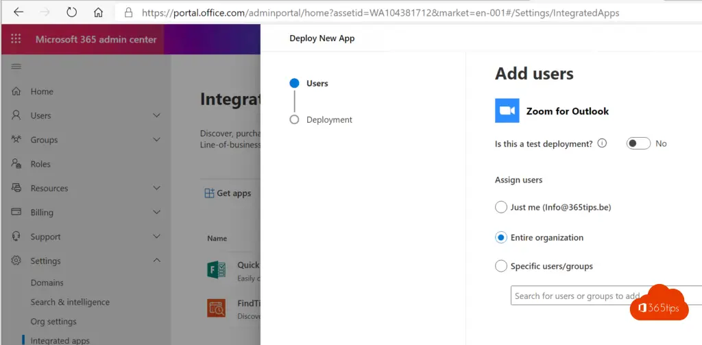 Zoom Integrierte Apps Office 365 Admin Center