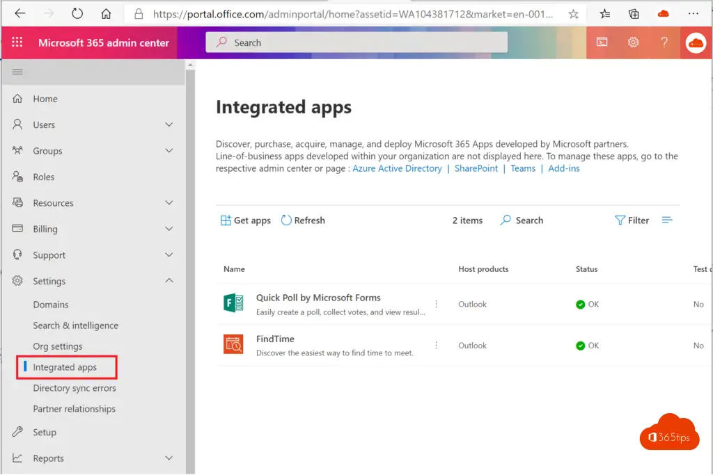 Office 365 Portail d'administration Obtenir des applications