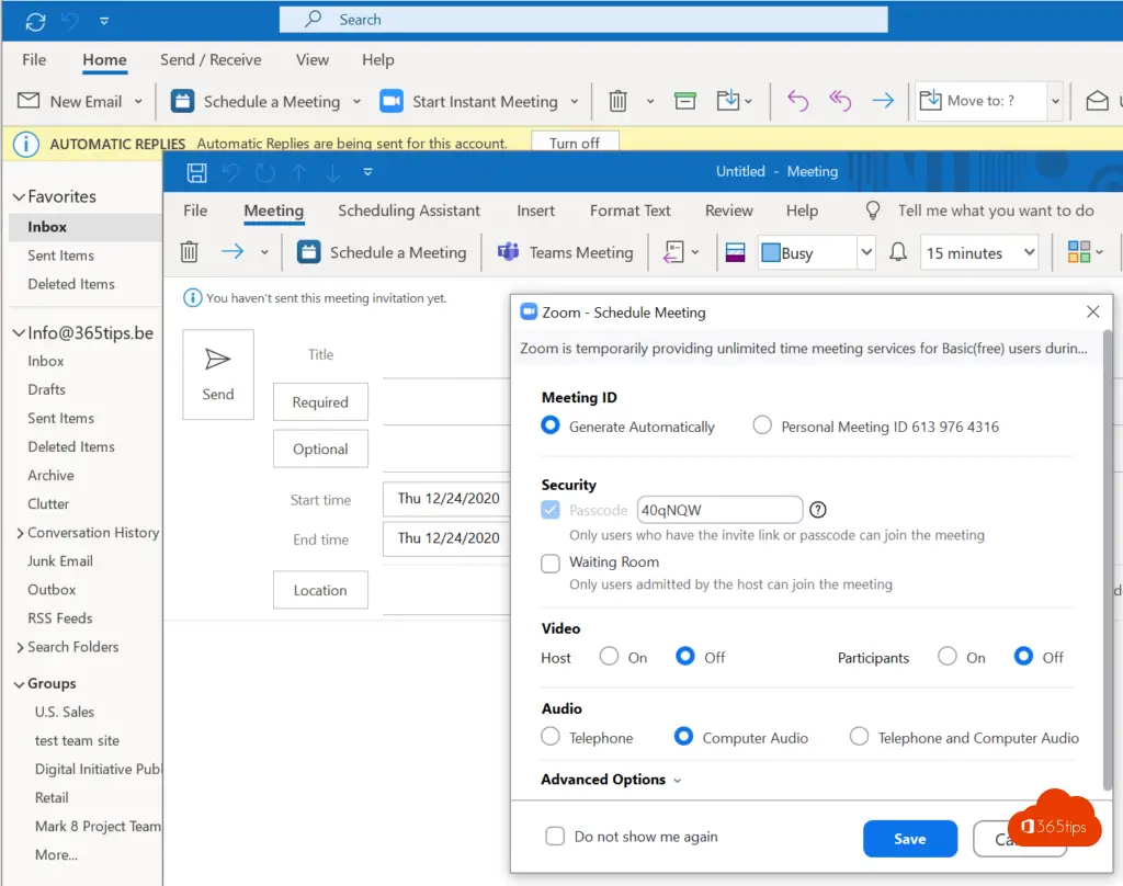 Zoom libro reunión outlook 2016