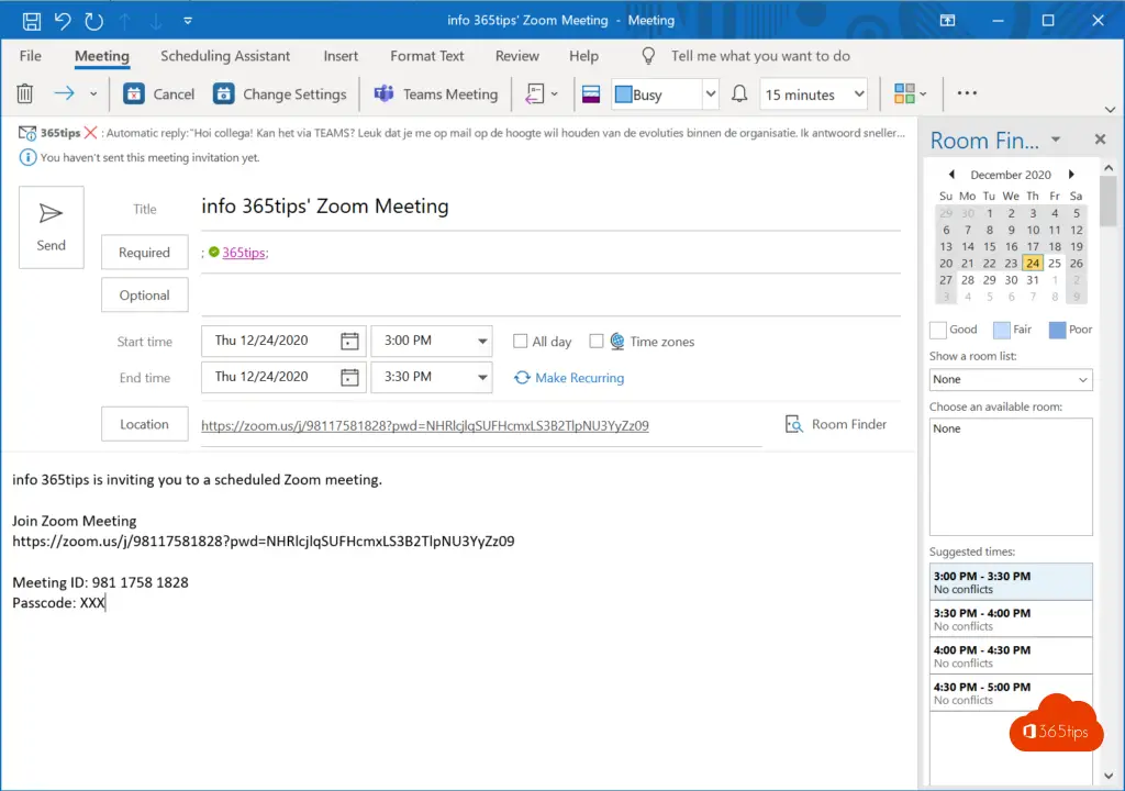 Zoom Meeting ID Passcode Outlook