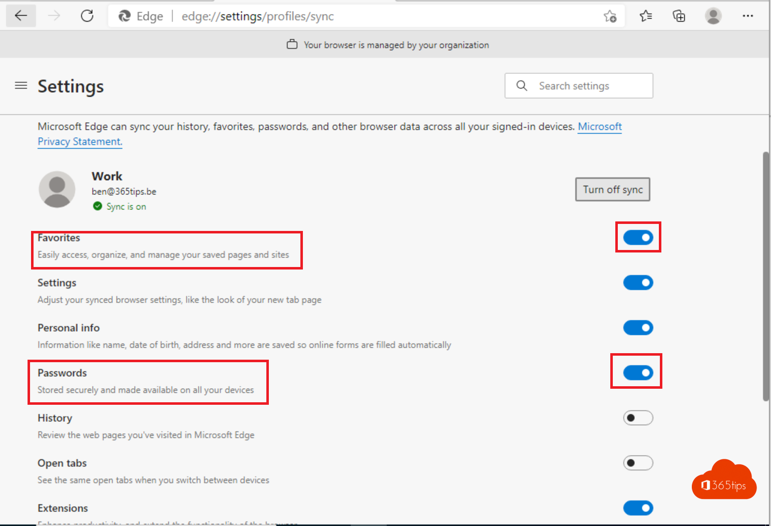 Syncing passwords and settings in Edge