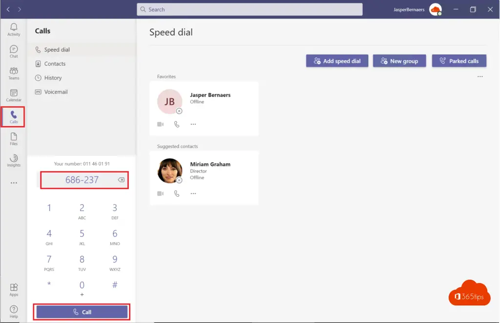 Teams speed dial parked calls