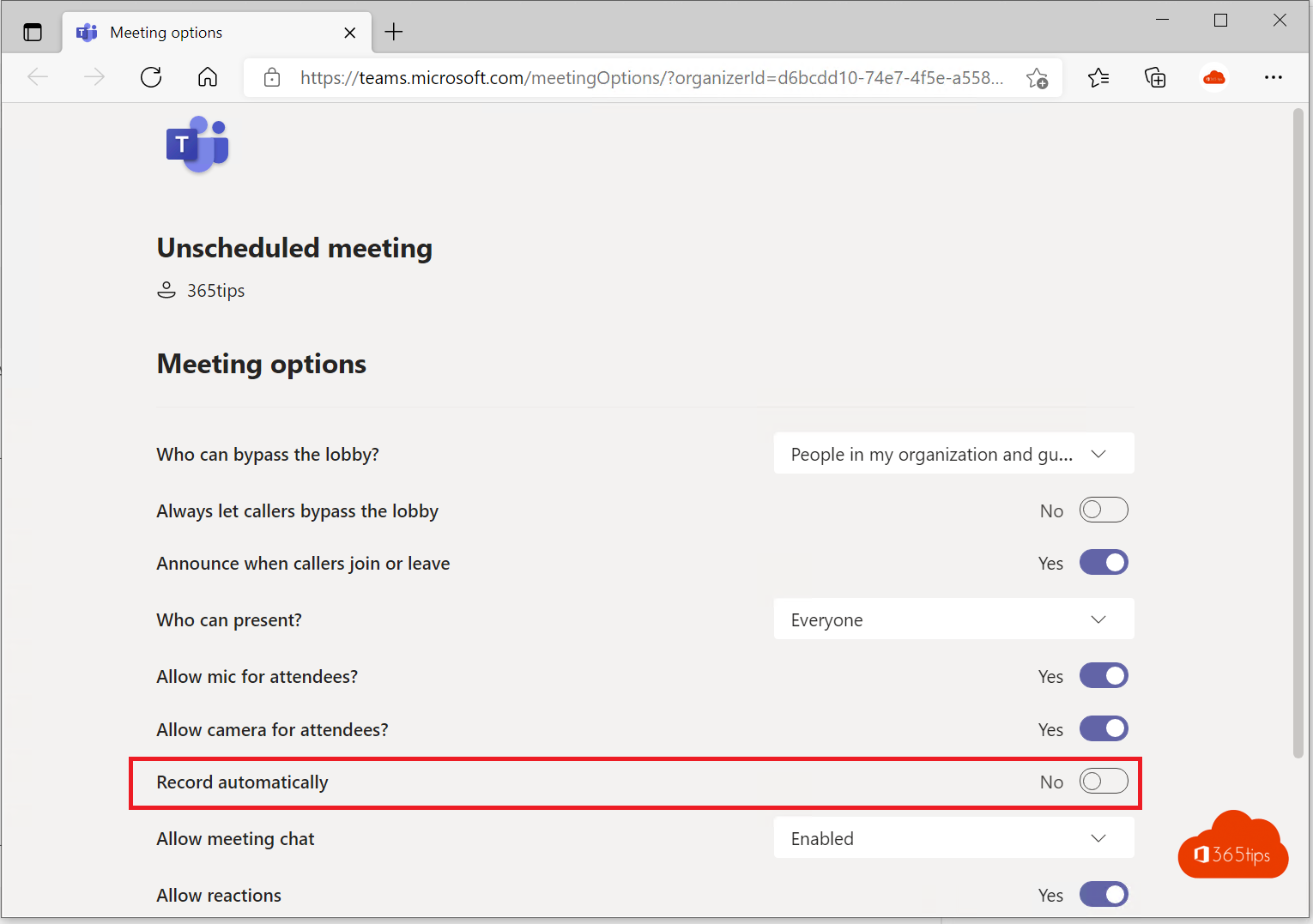 How can you automatically record every MicrosoftTeams meeting from the start?
