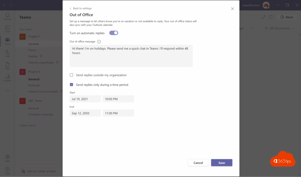 How to set an OutOfOffice or status message in Microsoft Teams?