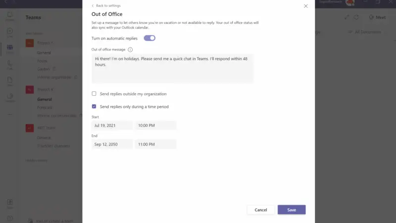 Hoe een Out-Of-Office of een status-bericht instellen in Microsoft Teams?