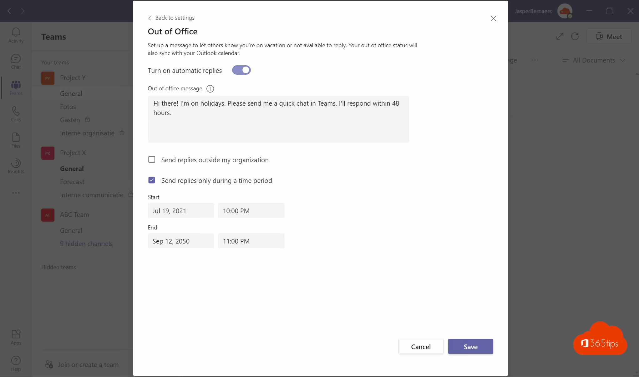 Hoe een Out-Of-Office of een status-bericht instellen in Microsoft Teams?