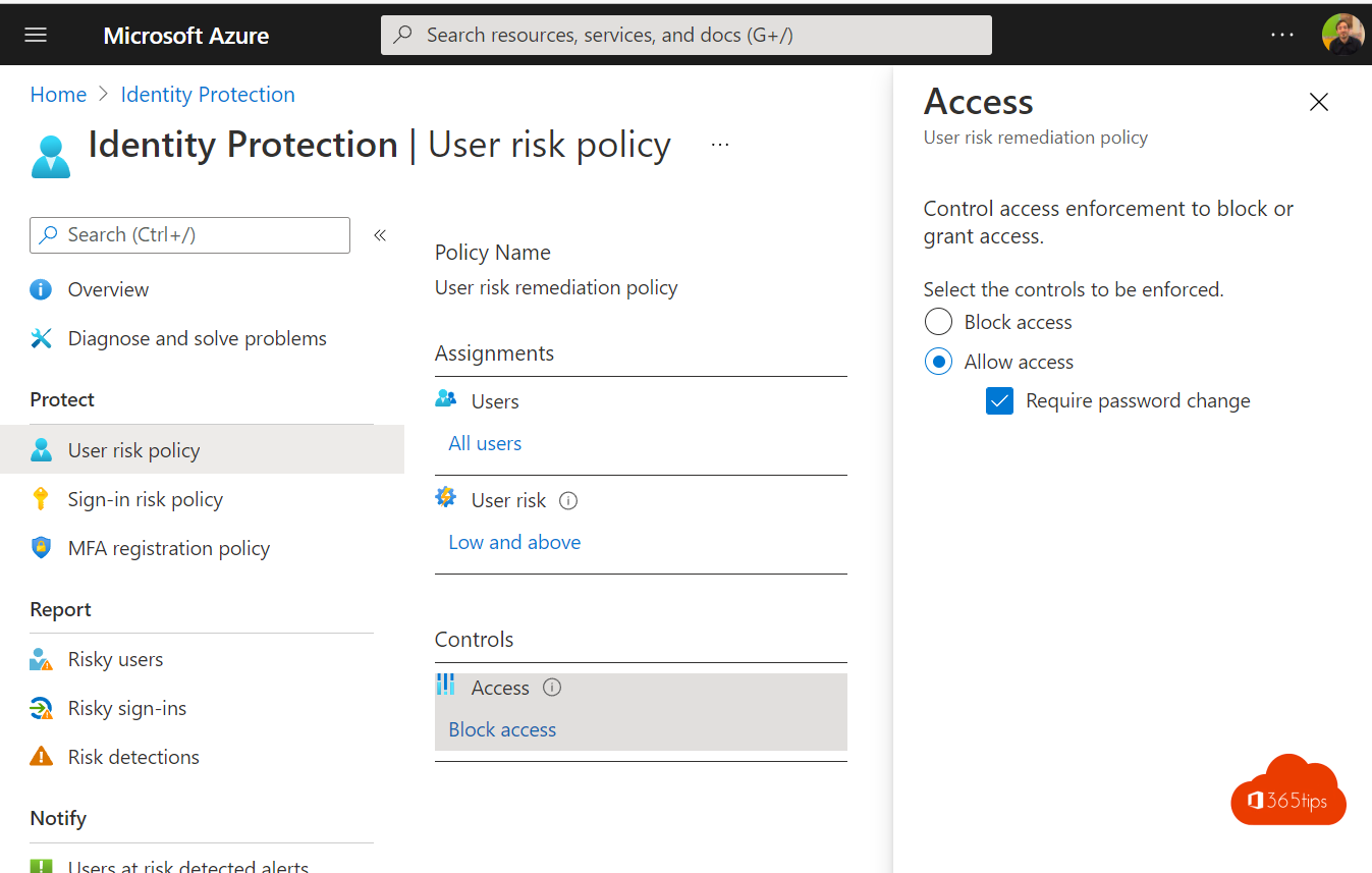 How can you automatically change your office 365 password in the event of a risk or hack?