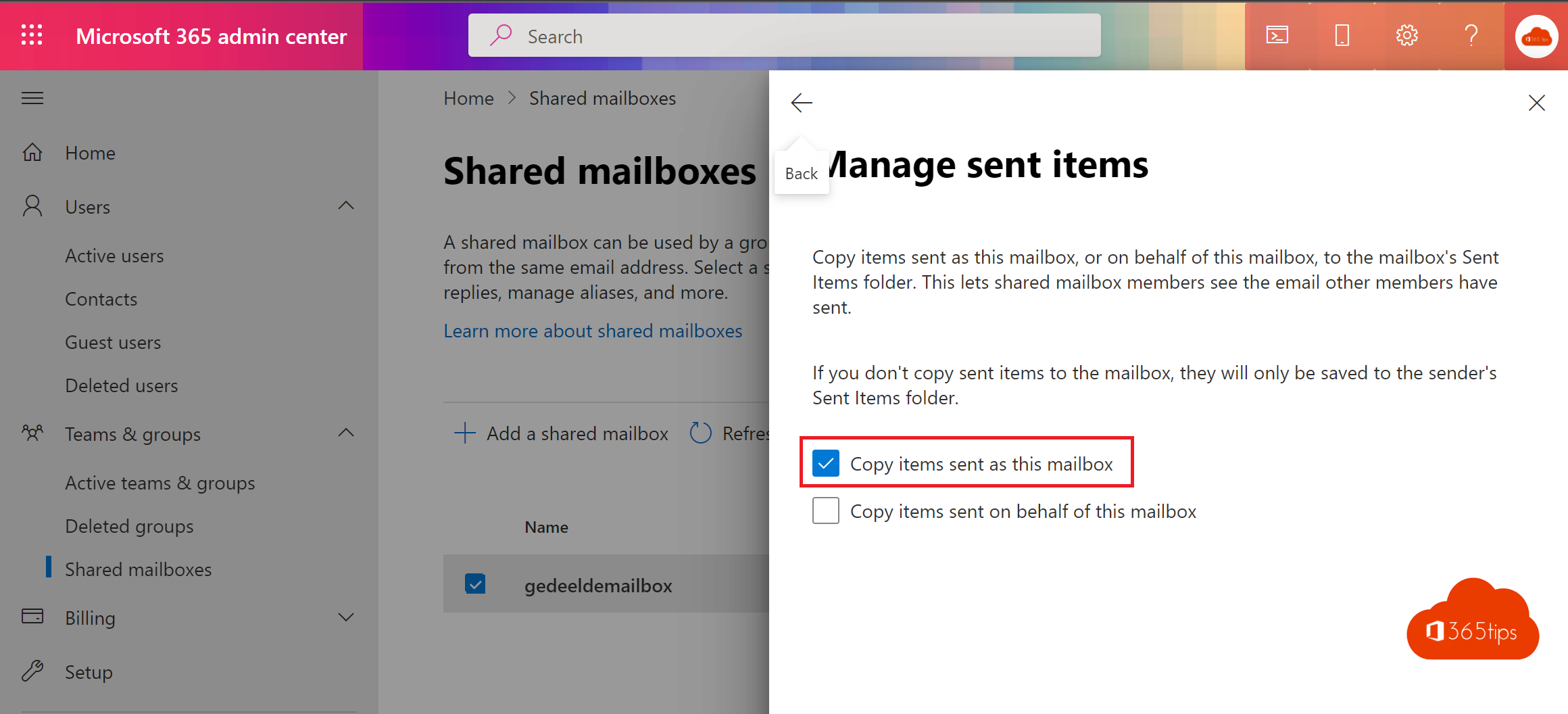 Automatically save sent items in your personal and shared mailbox in Office 365