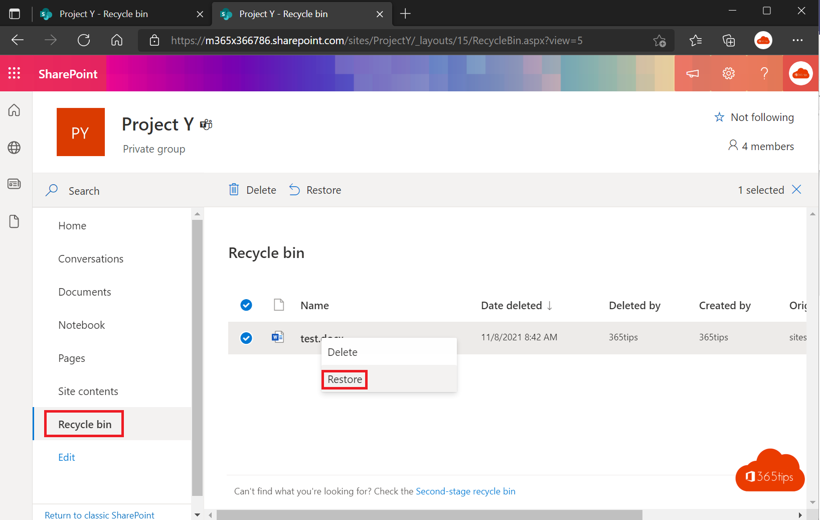 Restaurar archivos borrados en Microsoft Teams o SharePoint