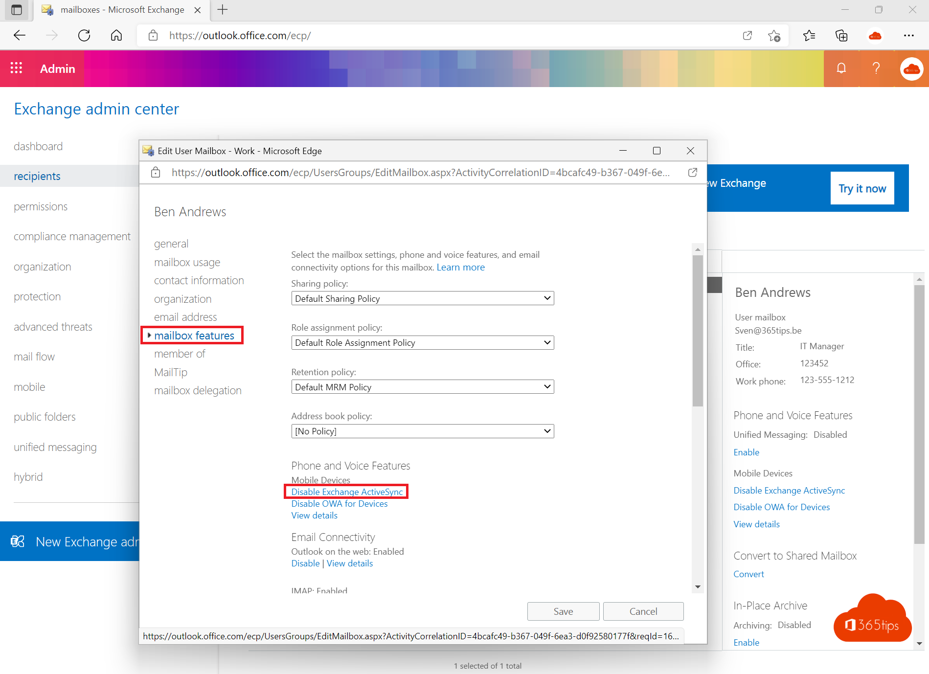 Comment bloquer ActiveSync pour les utilisateurs de Office 365 dans Exchange Online