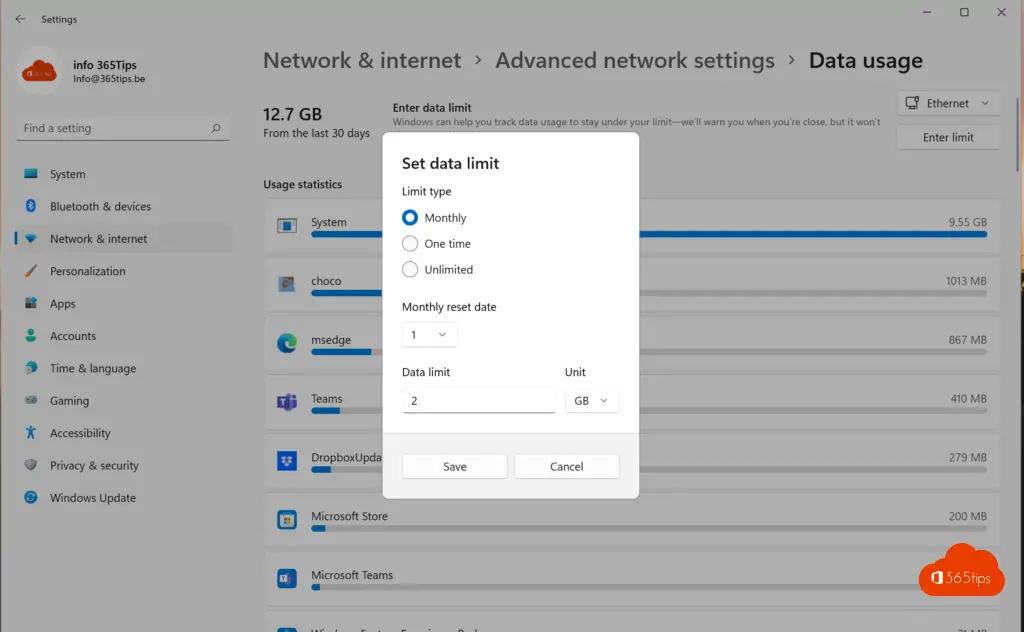 Set data limit monthly daily weekly one time unlimited