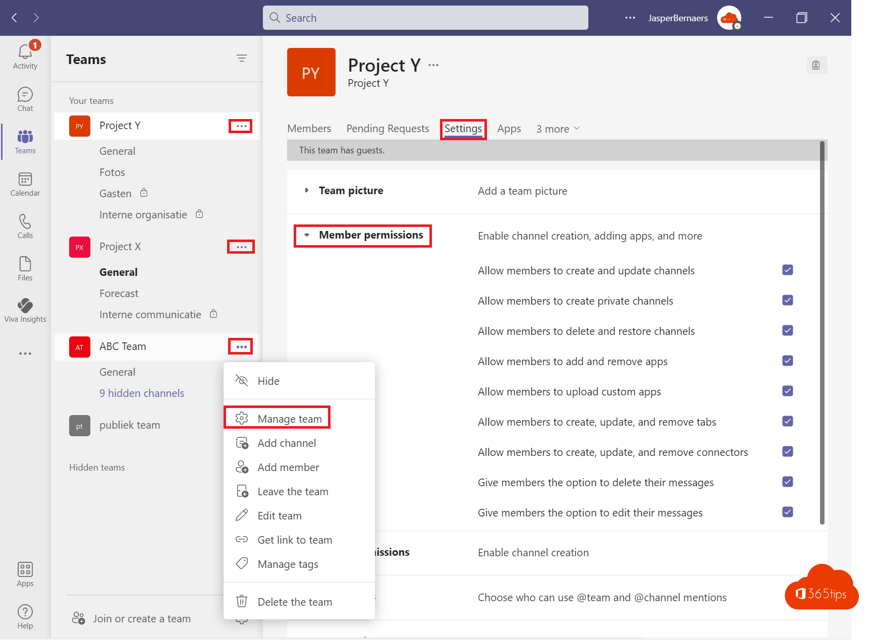 What can team owners, members and guests do in Microsoft Teams?