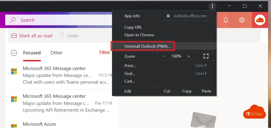 Désinstaller Outlook en tant qu'application PWA Google Chrome
