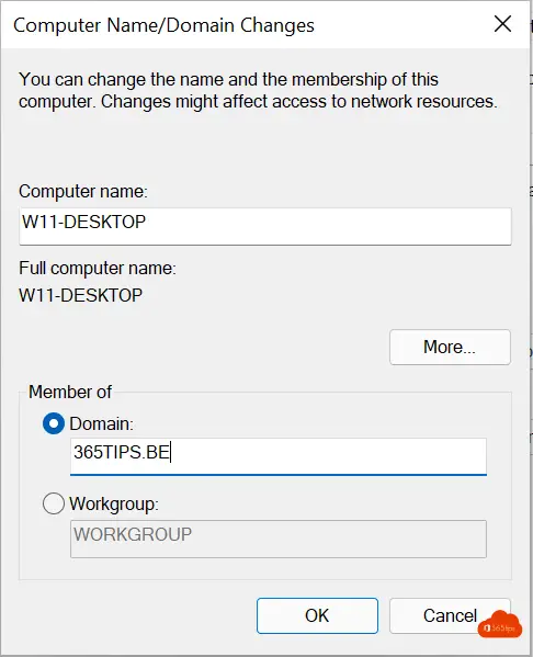 Windows 11 changements de nom d'ordinateur / de domaine Membre de
