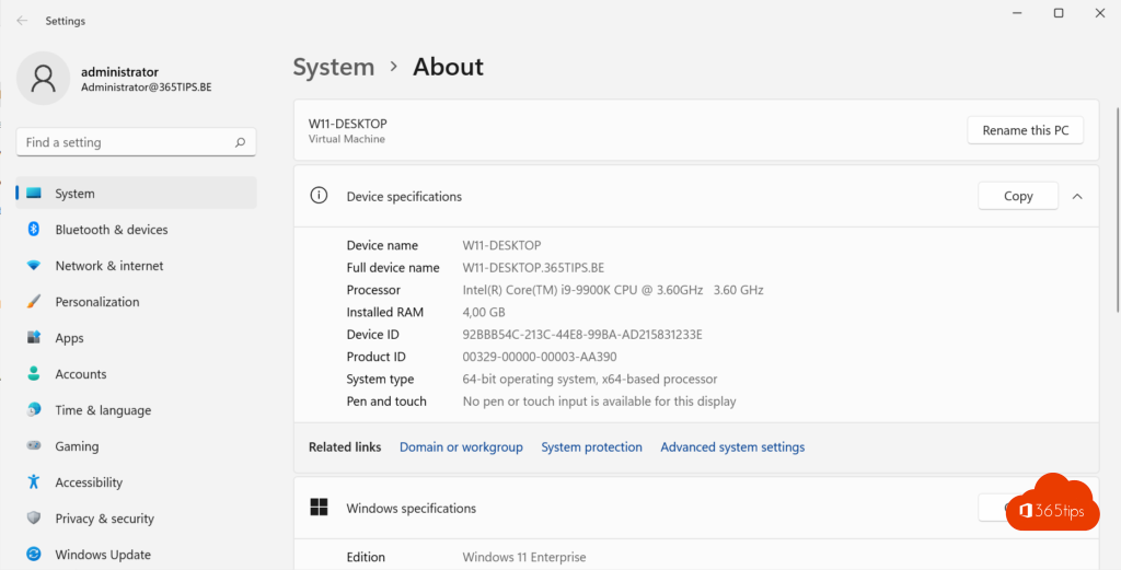 Example System Settings Windows 11 domein joined