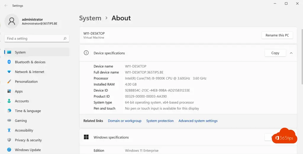 Example System Settings Windows 11 domein joined