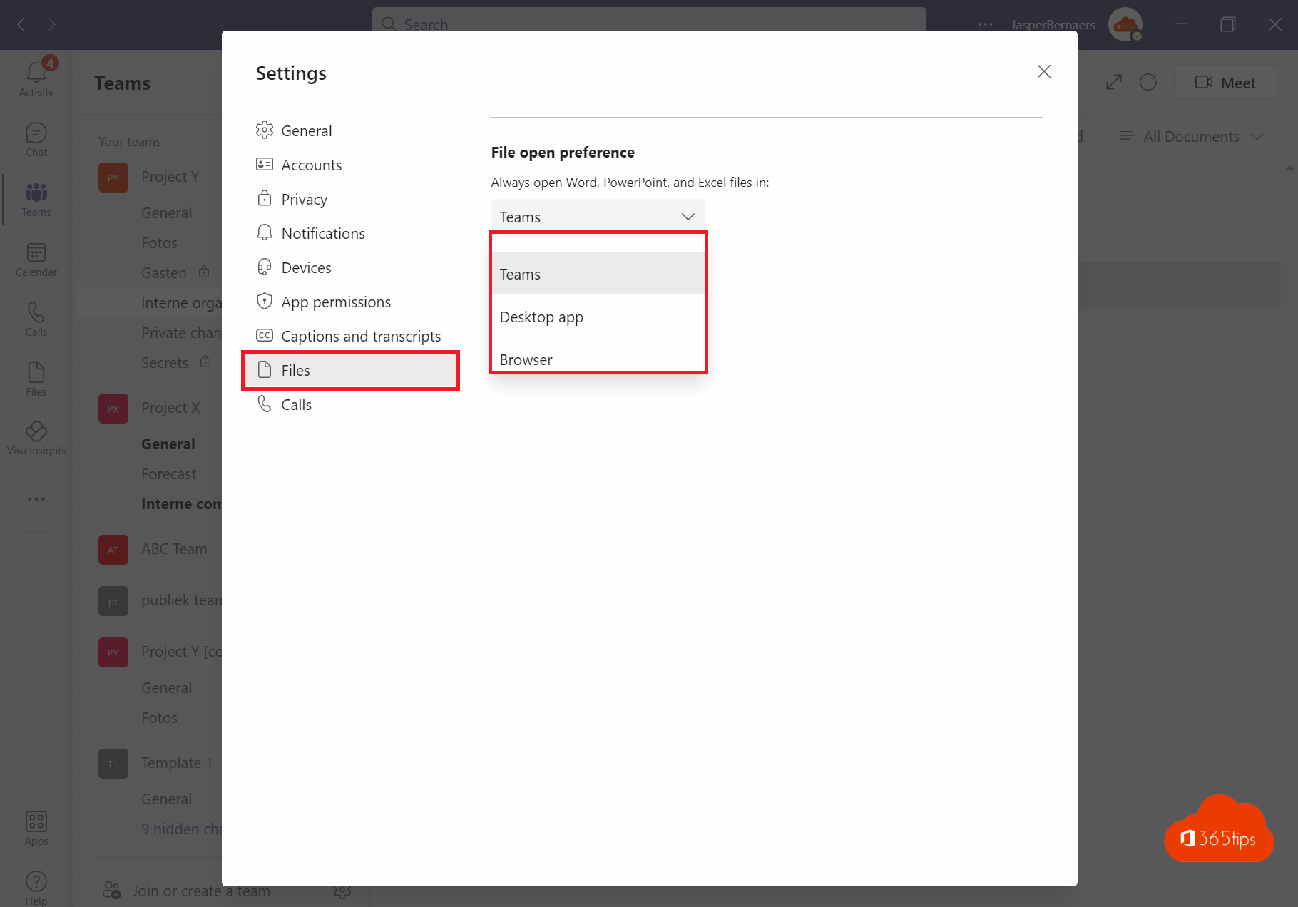 Standaard documenten openen in Microsoft Teams