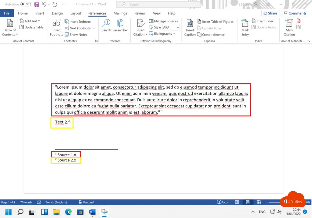 how to add footnote in word windows