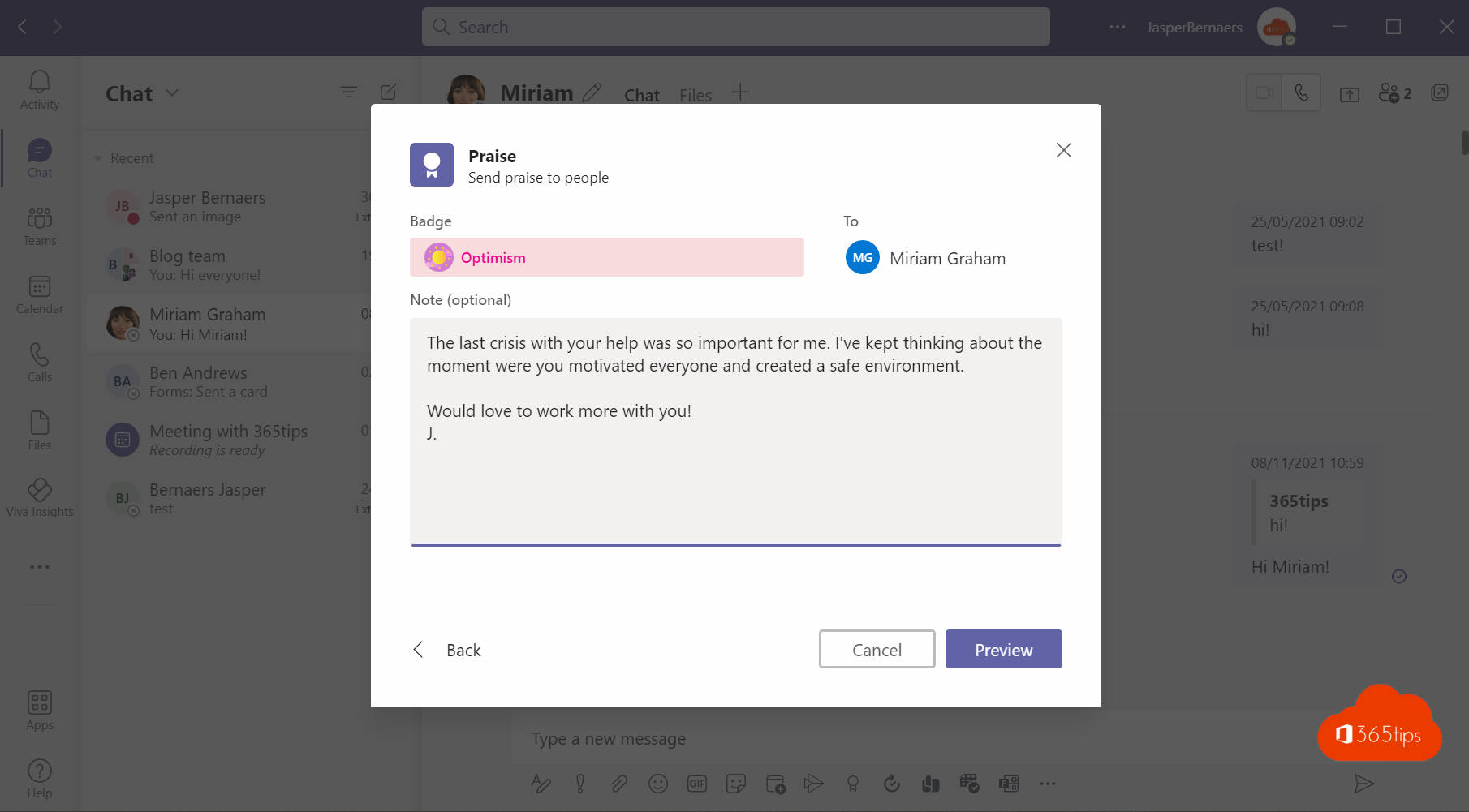This is how to compliment (praise) a colleague in Microsoft Teams