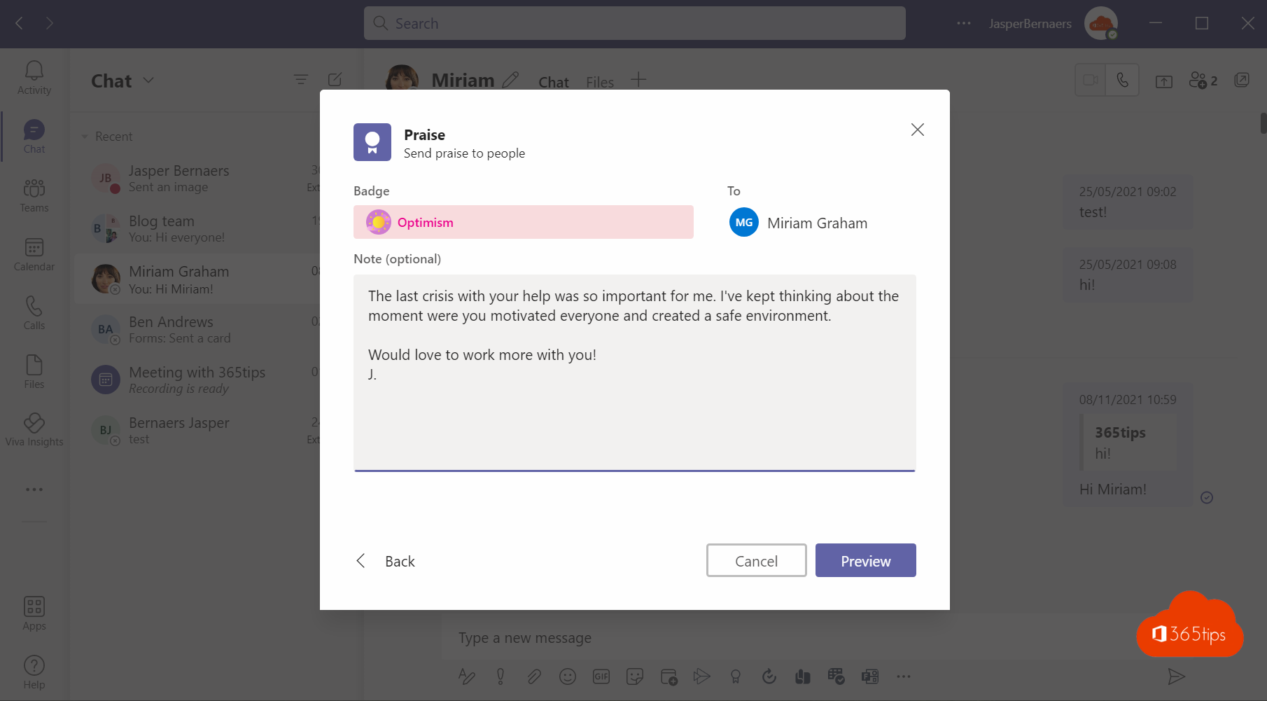 Zo geef je een collega een compliment (praise) in Microsoft Teams