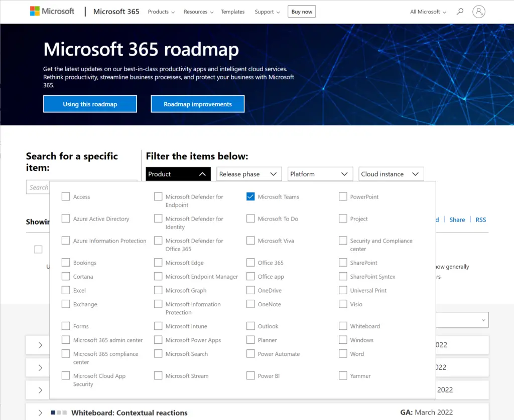 Hoja de ruta de Microsoft 365 Teams