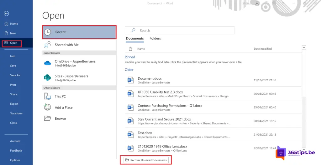 Recover unsaved documents Word
