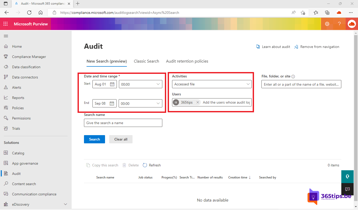 📝 Run a new search in SharePoint-auditlogs and usage reports - Purview