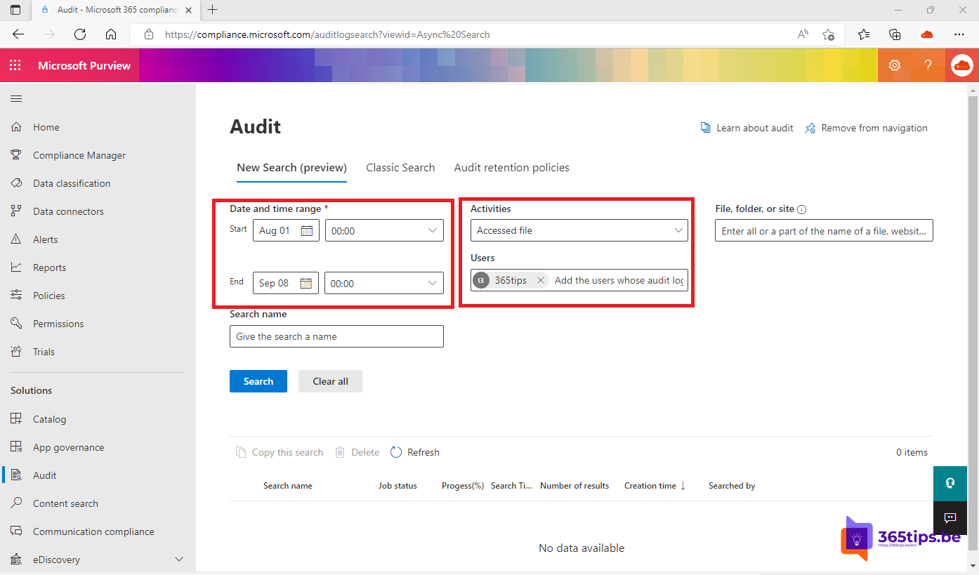 📝 Lancer une nouvelle recherche dans SharePoint-auditlogs et rapports d'utilisation - Purview