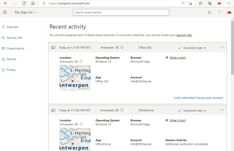 How do you check which location you are logged into Microsoft 365 yourself?